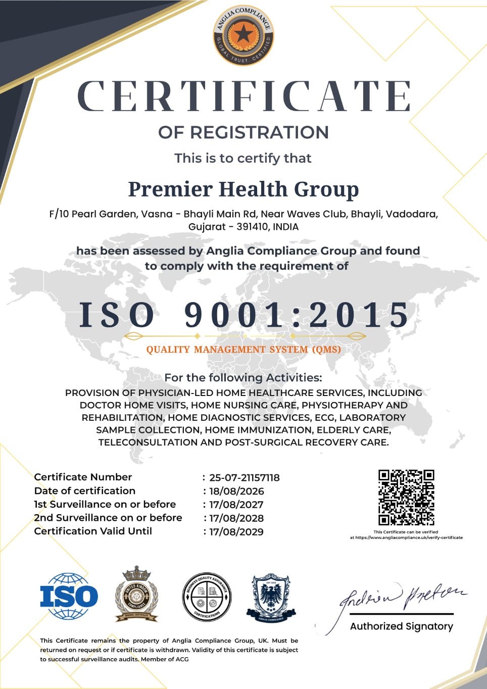 ISO 9001:2015 Quality Management System Certificate - Premier Health Group / Curavya Healthcare
