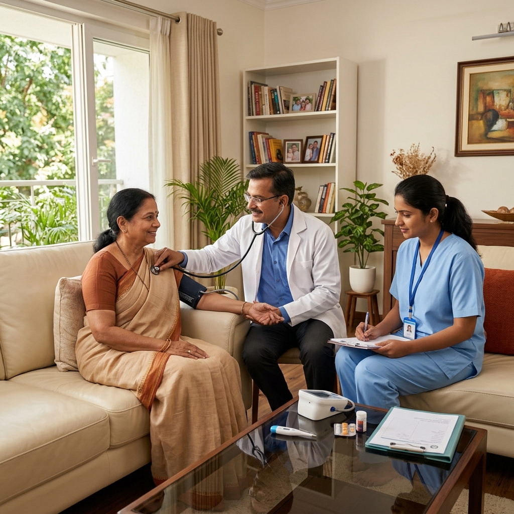 Curavya dedicated ICU-certified nurse providing compassionate care to an elderly patient at home