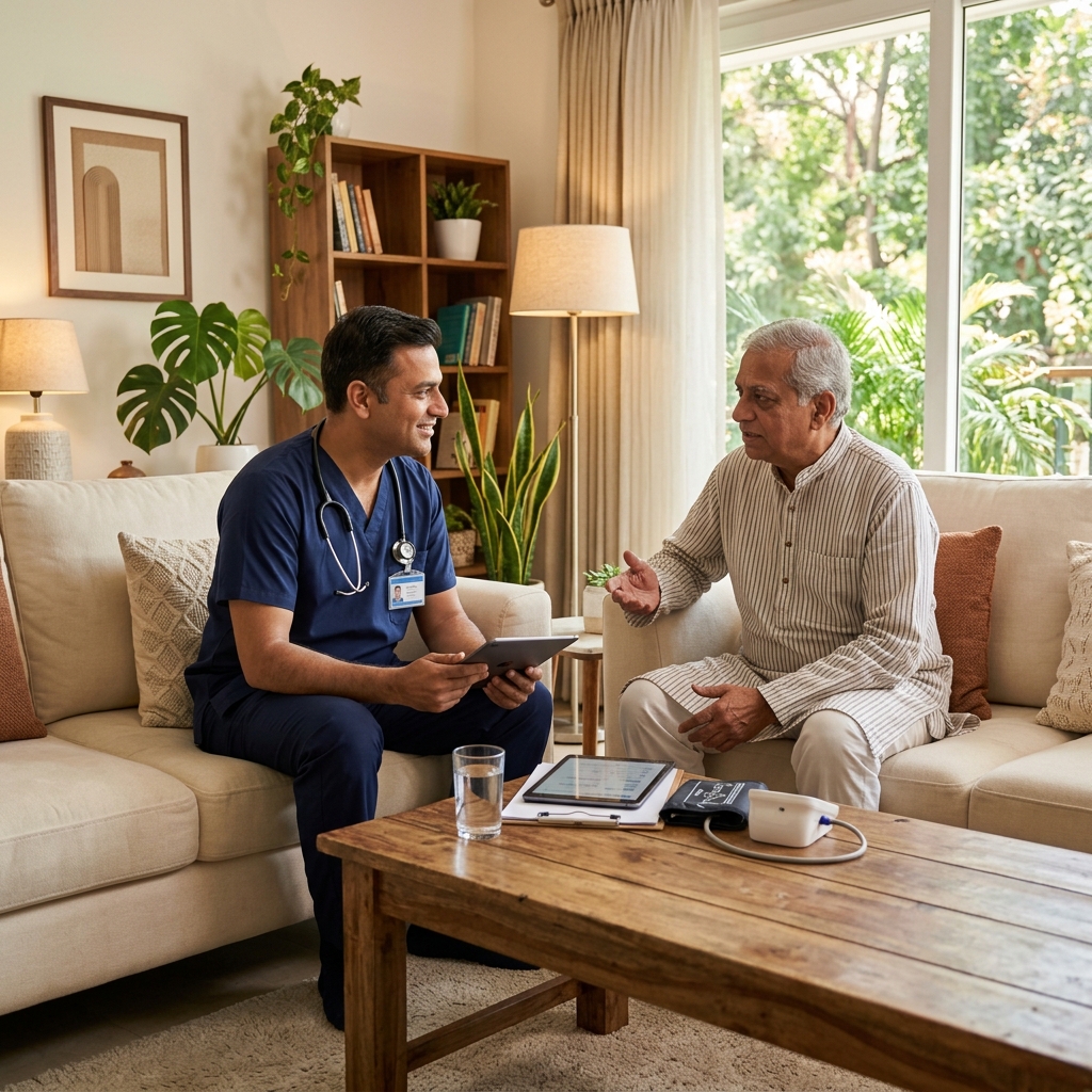 Curavya expert physician conducting a comprehensive doctor home visit and clinical examination in Vadodara